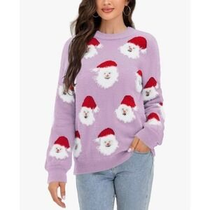 NEW Santa Claus Christmas XL Sweater Lavender Purple Fuzzy Graphic Knit XL‎